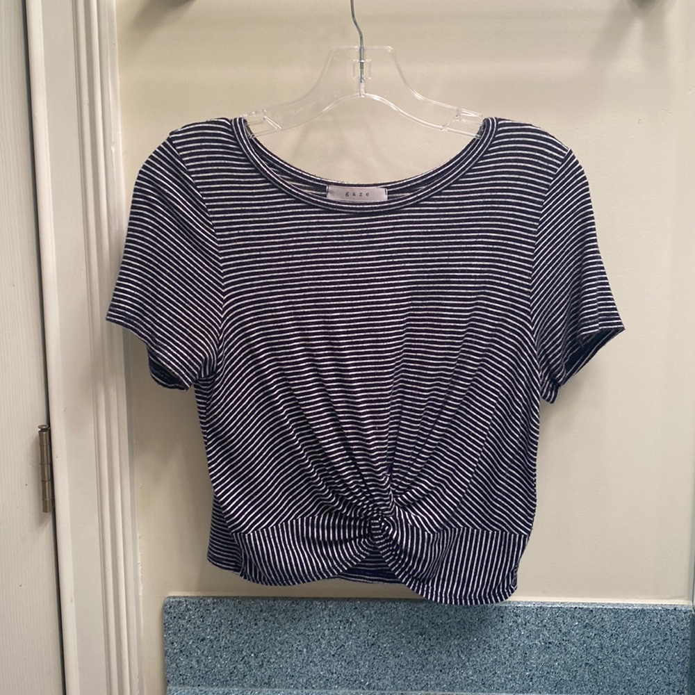 Family Appropriate Twisted Crop Top • Navy Blue and White Stripes